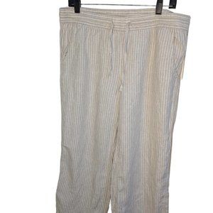 LL Bean Womens Pull On‎ Linen Pants Size 14 Tan and White Stripe Wide Leg Crop